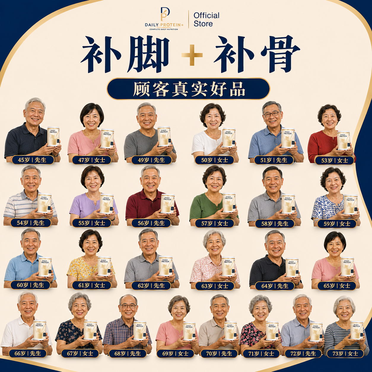 不同年龄层顾客与 Daily Protein 产品合照